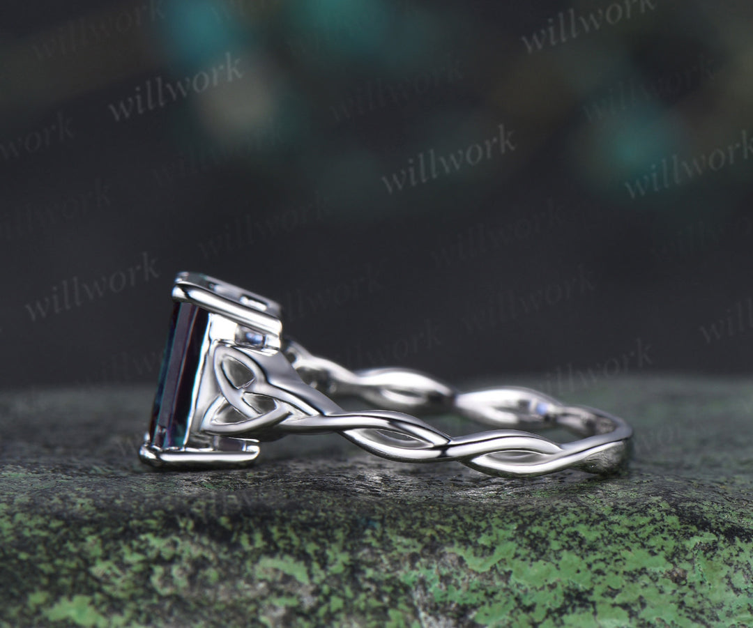 Vintage emerald cut alexandrite ring Celtic knot solitaire infinity engagement ring solid white gold unique bridal gifts