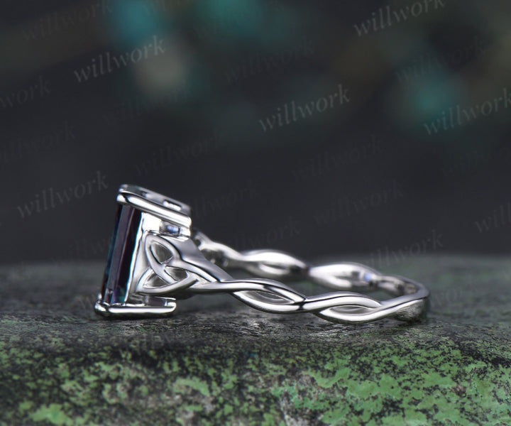 Vintage emerald cut alexandrite ring Celtic knot solitaire infinity engagement ring solid white gold unique bridal gifts