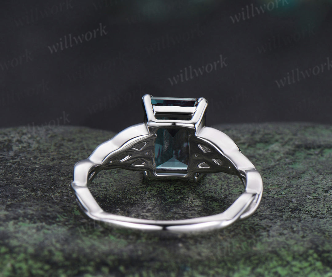 Vintage emerald cut alexandrite ring Celtic knot solitaire infinity engagement ring solid white gold unique bridal gifts