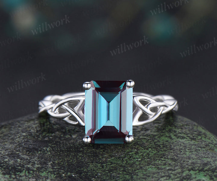 Vintage emerald cut alexandrite ring Celtic knot solitaire infinity engagement ring solid white gold unique bridal gifts