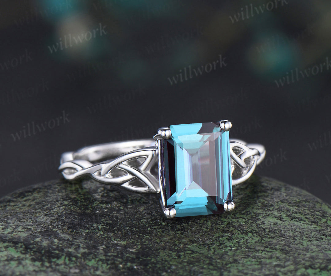 Vintage emerald cut alexandrite ring Celtic knot solitaire infinity engagement ring solid white gold unique bridal gifts
