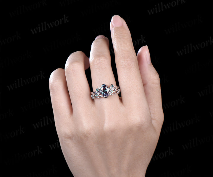 6x8mm oval cut alexandrite engagement ring set nature inspired 14k white gold twig leaf ring art deco emerald wedding band bridal set jewelry gifts