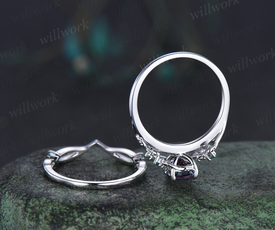 6x8mm oval cut alexandrite engagement ring set nature inspired 14k white gold twig leaf ring art deco emerald wedding band bridal set jewelry gifts