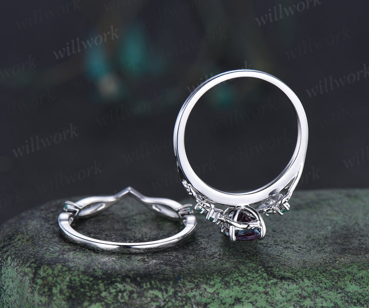 6x8mm oval cut alexandrite engagement ring set nature inspired 14k white gold twig leaf ring art deco emerald wedding band bridal set jewelry gifts