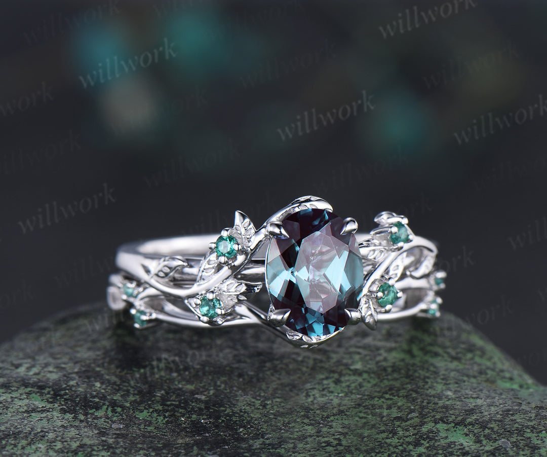 6x8mm oval cut alexandrite engagement ring set nature inspired 14k white gold twig leaf ring art deco emerald wedding band bridal set jewelry gifts