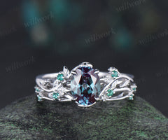 6x8mm oval cut alexandrite engagement ring set nature inspired 14k white gold twig leaf ring art deco emerald wedding band bridal set jewelry gifts
