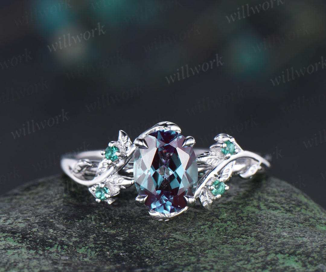 6x8mm oval cut alexandrite engagement ring set nature inspired 14k white gold twig leaf ring art deco emerald wedding band bridal set jewelry gifts