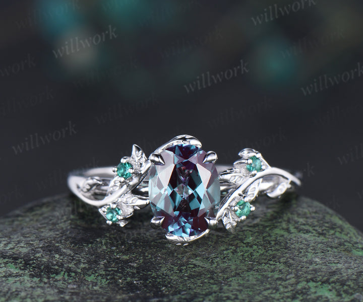 6x8mm oval cut alexandrite engagement ring set nature inspired 14k white gold twig leaf ring art deco emerald wedding band bridal set jewelry gifts
