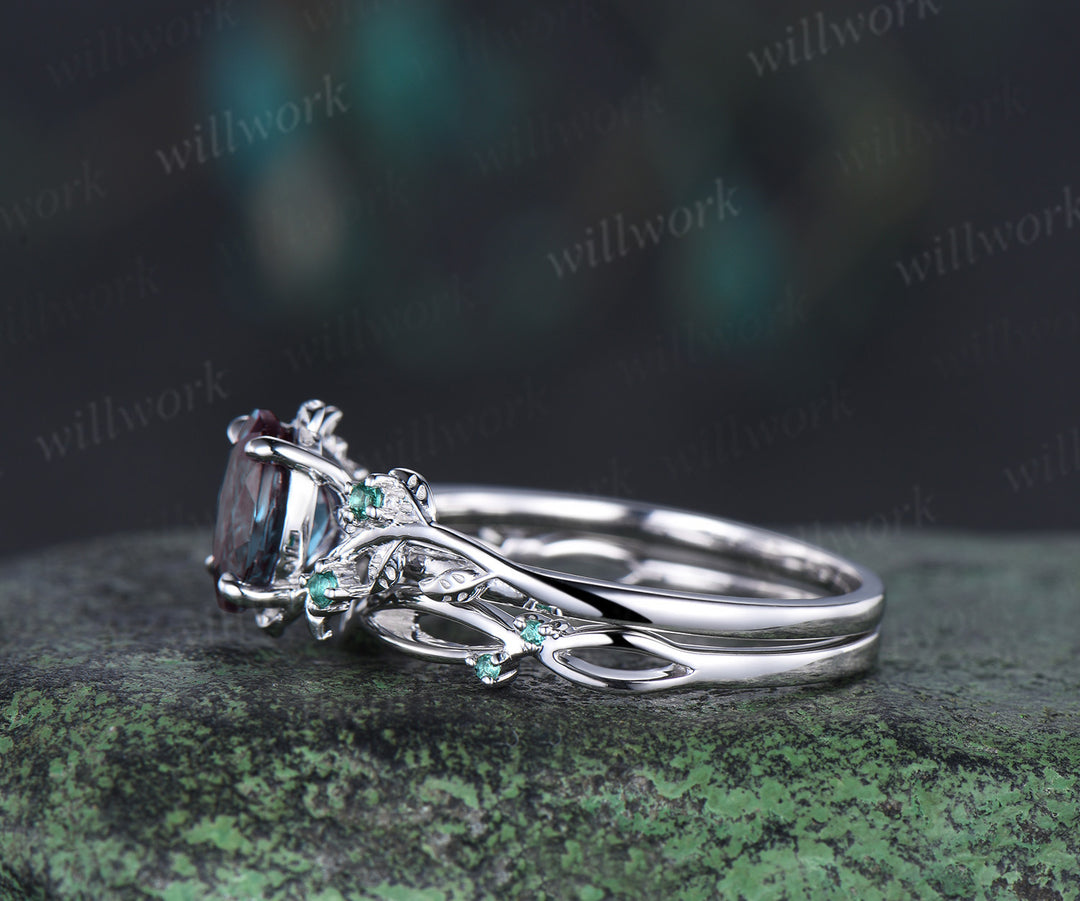 6x8mm oval cut alexandrite engagement ring set nature inspired 14k white gold twig leaf ring art deco emerald wedding band bridal set jewelry gifts