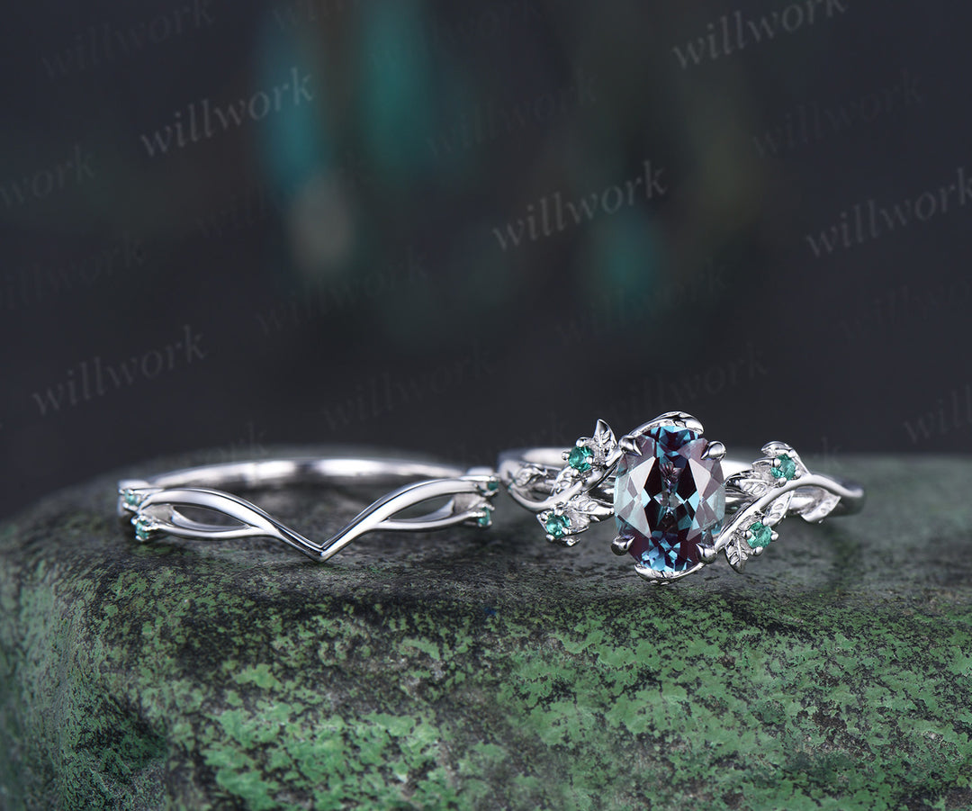 6x8mm oval cut alexandrite engagement ring set nature inspired 14k white gold twig leaf ring art deco emerald wedding band bridal set jewelry gifts