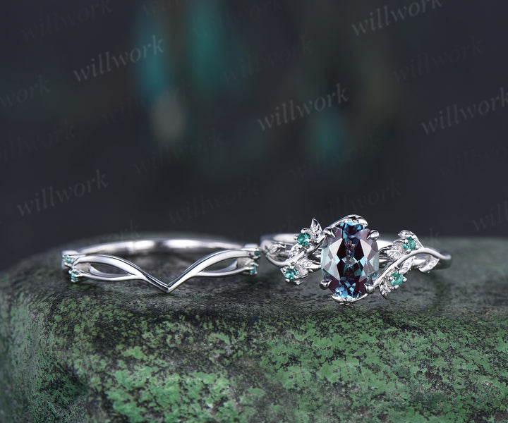 6x8mm oval cut alexandrite engagement ring set nature inspired 14k white gold twig leaf ring art deco emerald wedding band bridal set jewelry gifts