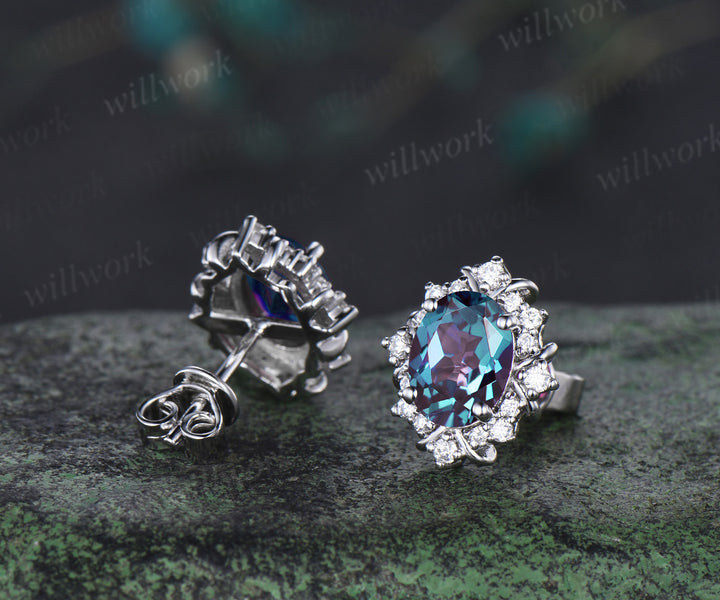 Vintage oval cut alexandrite stud earrings unique moissanite halo earrings color change gemstone pierced earrings birthstone gifts for her