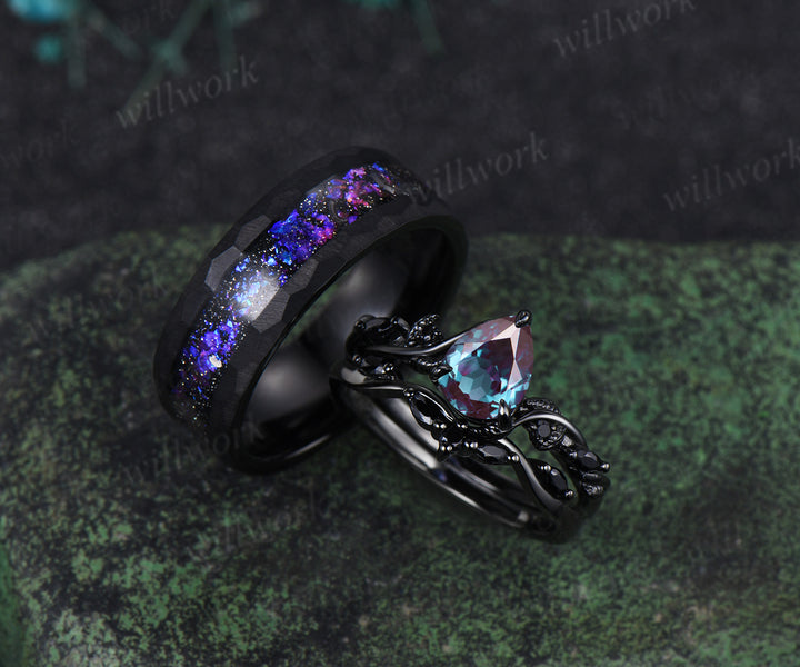 Nature Inspired Pear Alexandrite Black Spinel Ring Set& Tungsten Galaxy Nebula Men’s Band Couple Ring Set