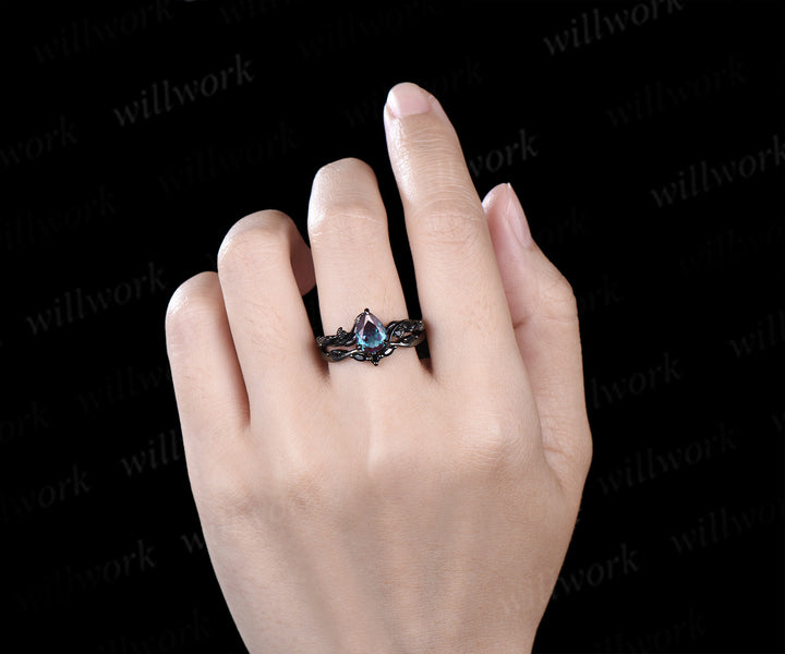 Nature Inspired Pear Alexandrite Black Spinel Ring Set& Tungsten Galaxy Nebula Men’s Band Couple Ring Set
