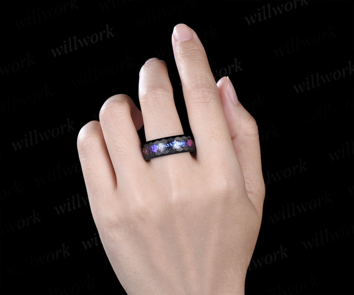 Nature Inspired Pear Alexandrite Black Spinel Ring Set& Tungsten Galaxy Nebula Men’s Band Couple Ring Set