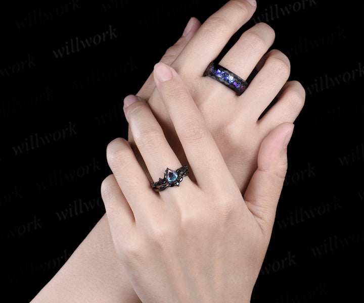 Nature Inspired Pear Alexandrite Black Spinel Ring Set& Tungsten Galaxy Nebula Men’s Band Couple Ring Set