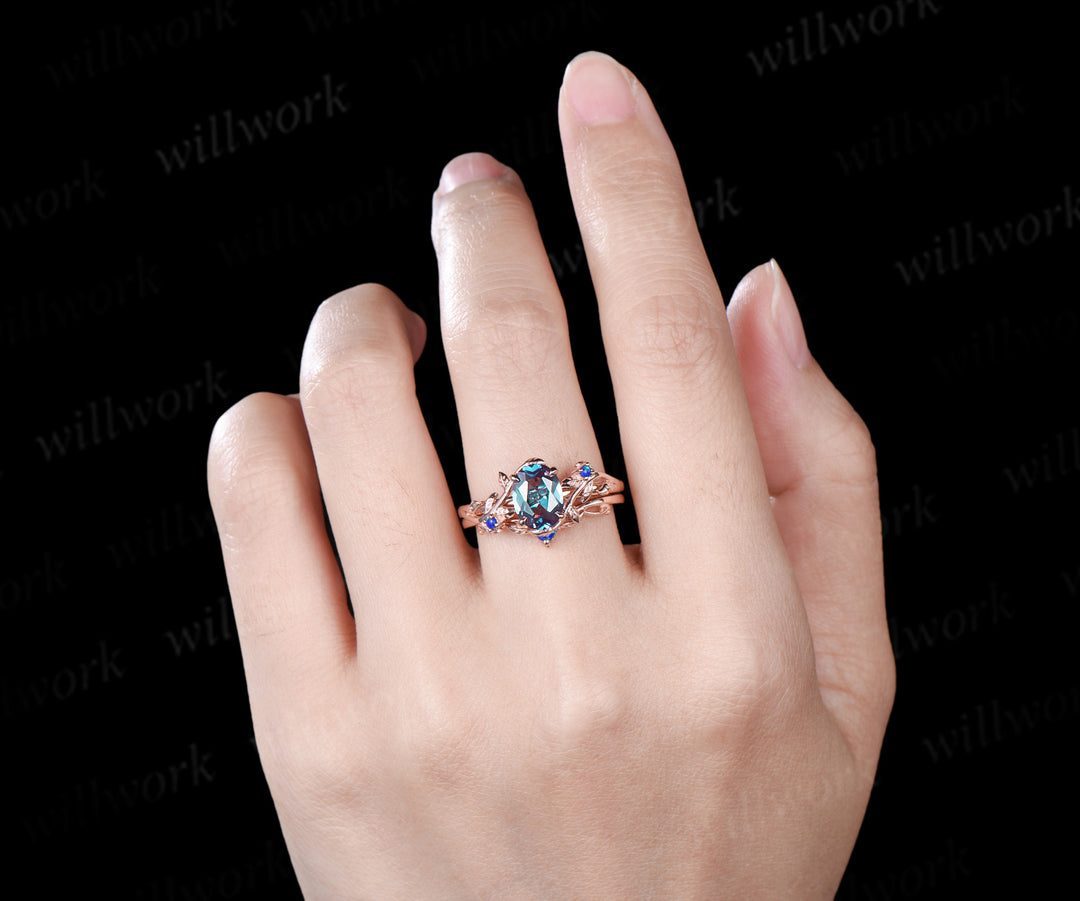 Oval alexandrite engagement ring set nature inspired twig blue opal ring matching leaf wedding band bridal set