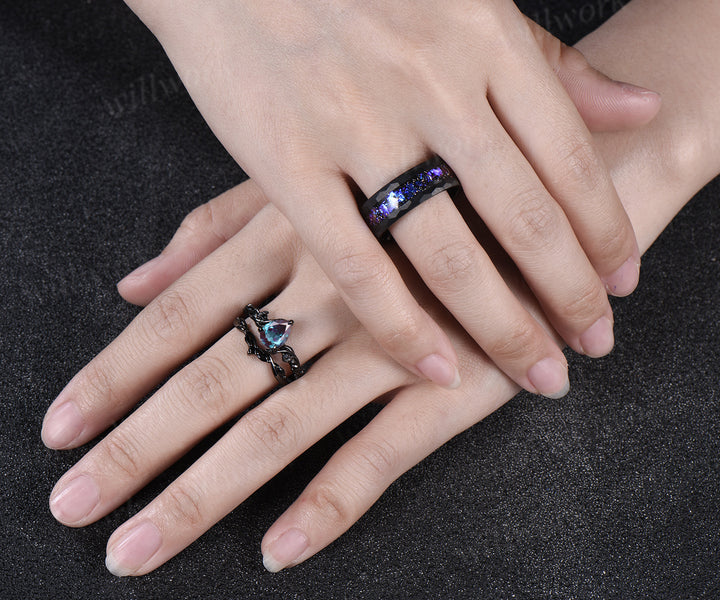 Nature Inspired Pear Alexandrite Black Spinel Ring Set& Tungsten Galaxy Nebula Men’s Band Couple Ring Set