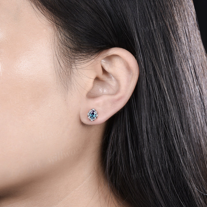 Vintage oval cut alexandrite stud earrings unique moissanite halo earrings color change gemstone pierced earrings birthstone gifts for her