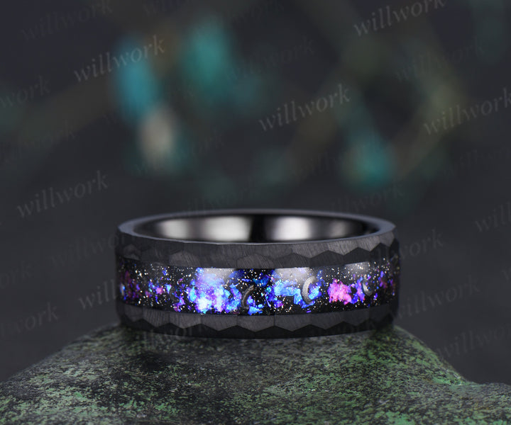 Nature Inspired Pear Alexandrite Black Spinel Ring Set& Tungsten Galaxy Nebula Men’s Band Couple Ring Set