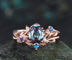 Oval alexandrite engagement ring set nature inspired twig blue opal ring matching leaf wedding band bridal set