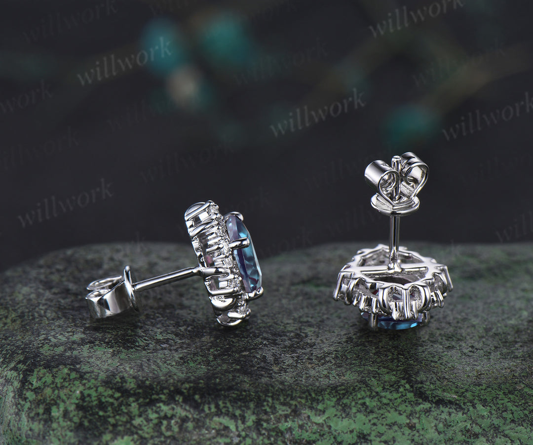 Vintage oval cut alexandrite stud earrings unique moissanite halo earrings color change gemstone pierced earrings birthstone gifts for her