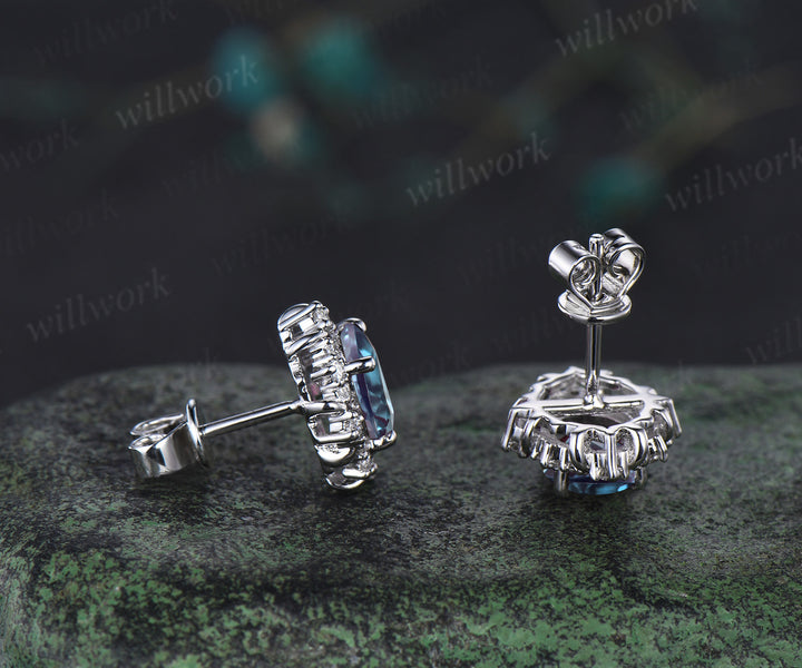 Vintage oval cut alexandrite stud earrings unique moissanite halo earrings color change gemstone pierced earrings birthstone gifts for her