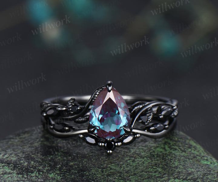 Pear alexandrite ring set 14k black gold unique twig vine teardrop black spinel ring unique bridal set gifts for her