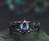 Pear alexandrite ring set 14k black gold unique twig vine teardrop black spinel ring unique bridal set gifts for her