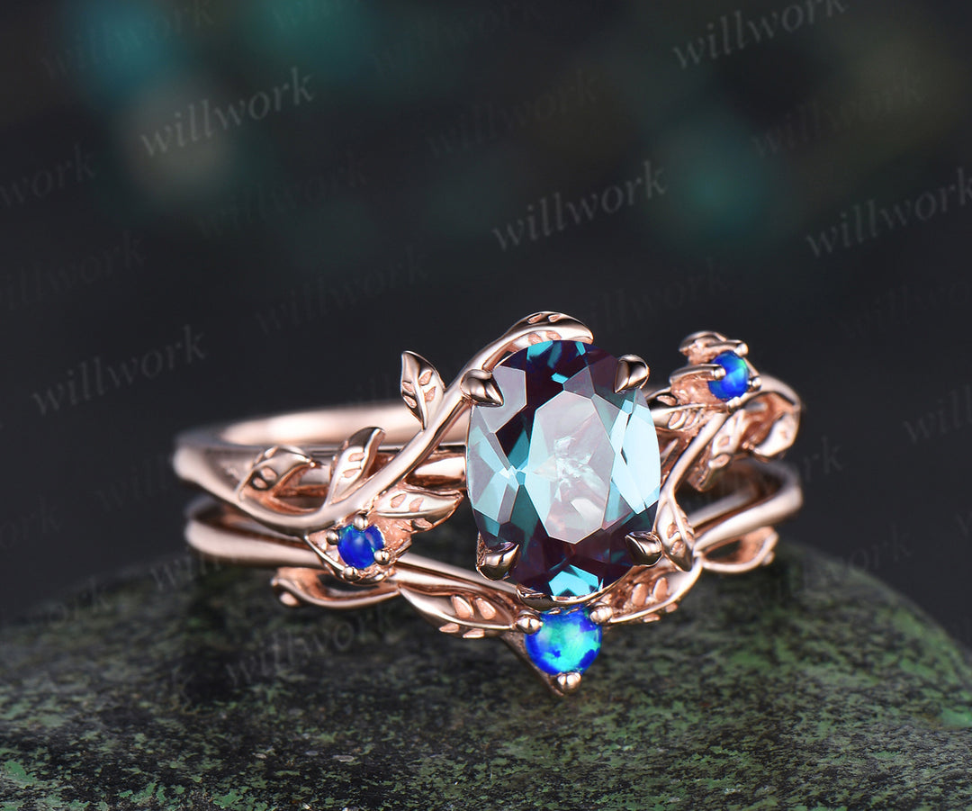 Oval alexandrite engagement ring set nature inspired twig blue opal ring matching leaf wedding band bridal set