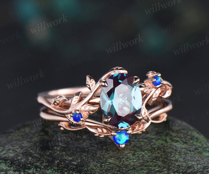Oval alexandrite engagement ring set nature inspired twig blue opal ring matching leaf wedding band bridal set