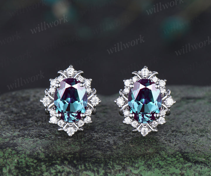 Vintage oval cut alexandrite stud earrings unique moissanite halo earrings color change gemstone pierced earrings birthstone gifts for her