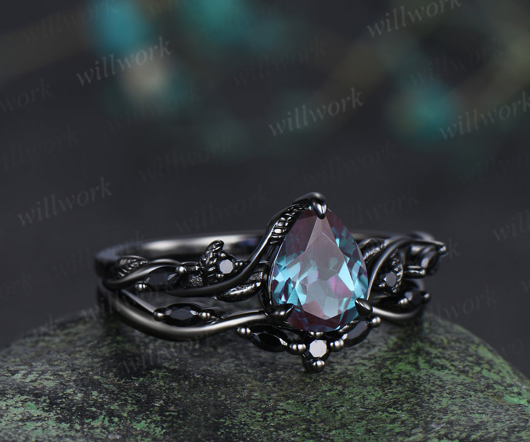 Pear alexandrite ring set 14k black gold unique twig vine teardrop black spinel ring unique bridal set gifts for her