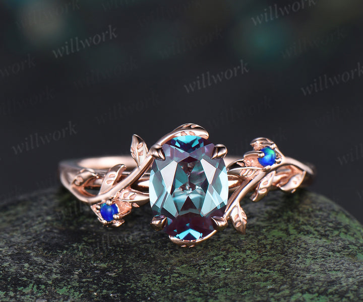 Oval alexandrite engagement ring set nature inspired twig blue opal ring matching leaf wedding band bridal set