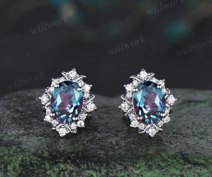 Vintage oval cut alexandrite stud earrings unique moissanite halo earrings color change gemstone pierced earrings birthstone gifts for her
