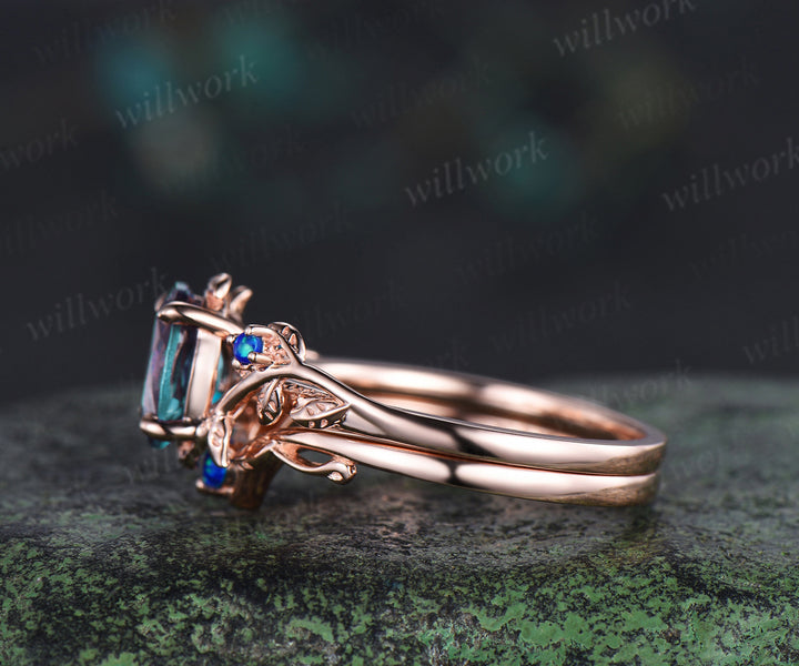 Oval alexandrite engagement ring set nature inspired twig blue opal ring matching leaf wedding band bridal set