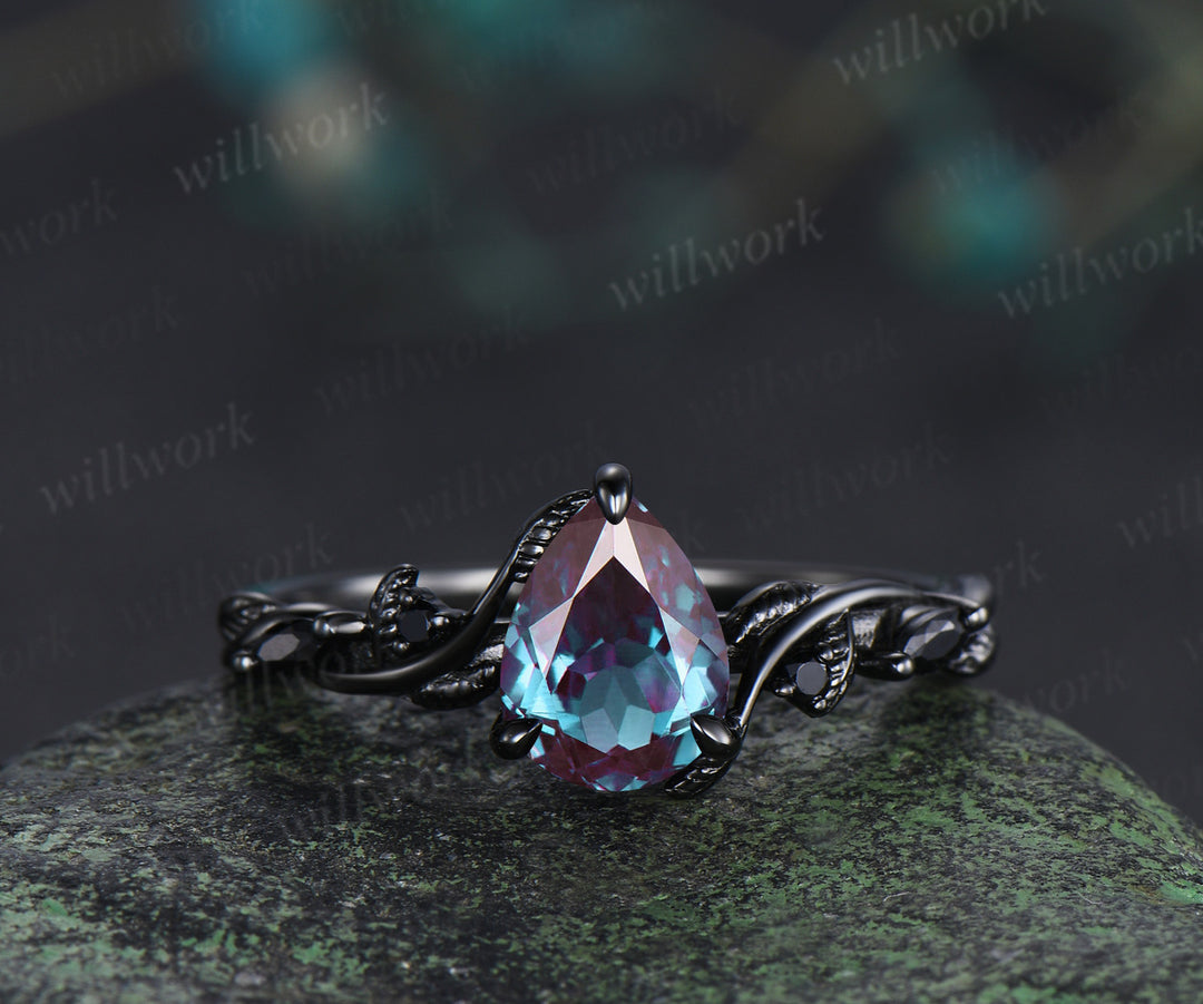 Pear alexandrite ring set 14k black gold unique twig vine teardrop black spinel ring unique bridal set gifts for her