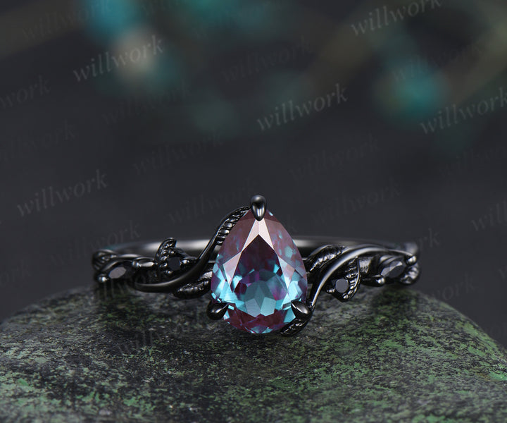 Pear alexandrite ring set 14k black gold unique twig vine teardrop black spinel ring unique bridal set gifts for her