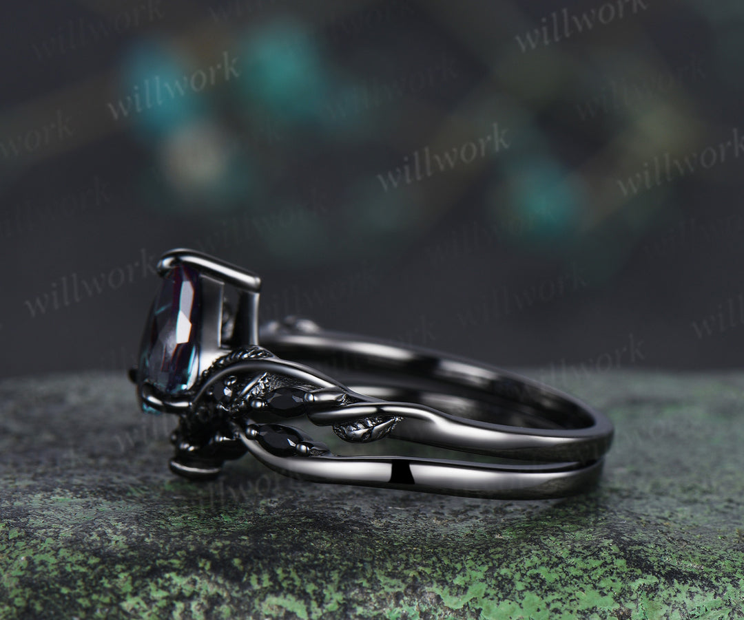 Pear alexandrite ring set 14k black gold unique twig vine teardrop black spinel ring unique bridal set gifts for her