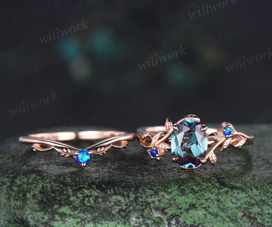 Oval alexandrite engagement ring set nature inspired twig blue opal ring matching leaf wedding band bridal set