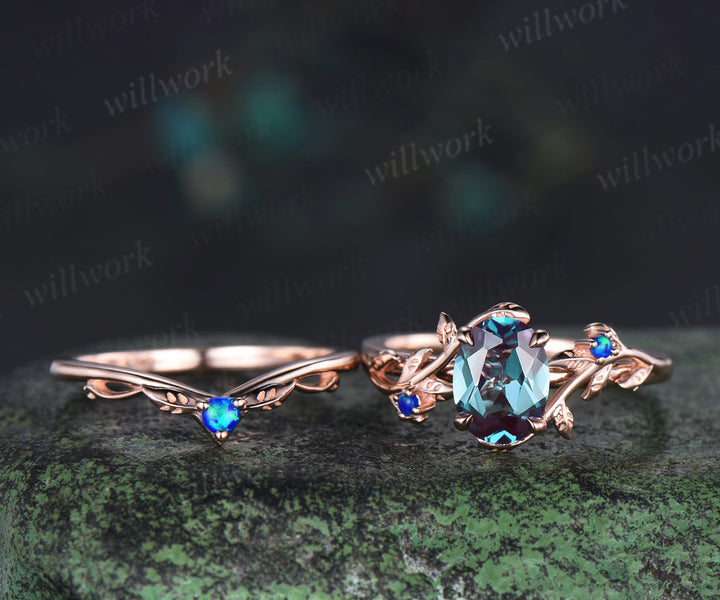 Oval alexandrite engagement ring set nature inspired twig blue opal ring matching leaf wedding band bridal set