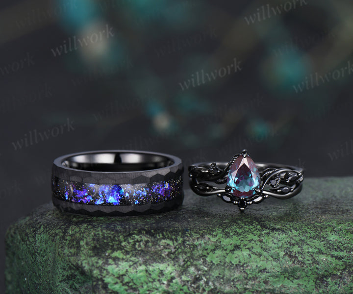 Nature Inspired Pear Alexandrite Black Spinel Ring Set& Tungsten Galaxy Nebula Men’s Band Couple Ring Set
