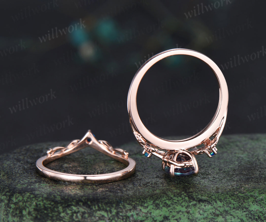 Oval alexandrite engagement ring set nature inspired twig blue opal ring matching leaf wedding band bridal set
