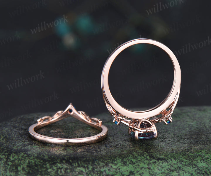 Oval alexandrite engagement ring set nature inspired twig blue opal ring matching leaf wedding band bridal set