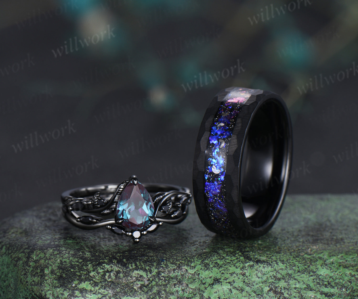 Nature Inspired Pear Alexandrite Black Spinel Ring Set& Tungsten