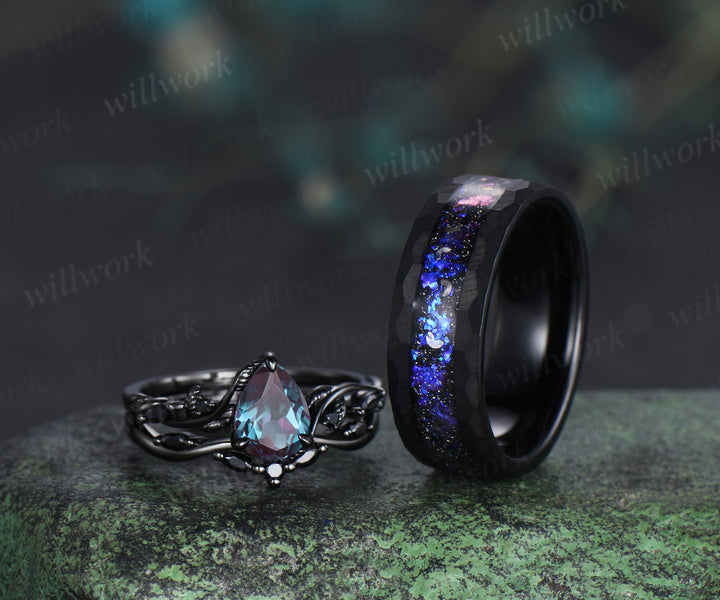 Nature Inspired Pear Alexandrite Black Spinel Ring Set& Tungsten Galaxy Nebula Men’s Band Couple Ring Set