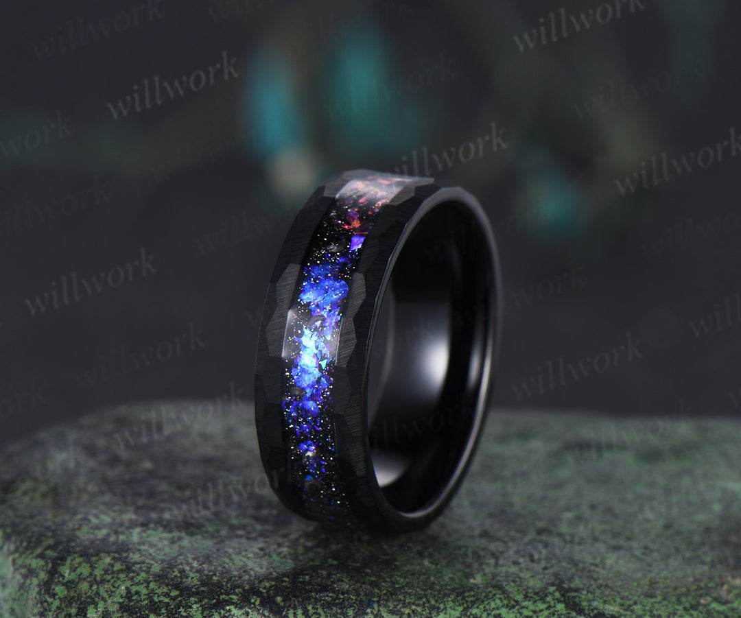 Nature Inspired Pear Alexandrite Black Spinel Ring Set& Tungsten Galaxy Nebula Men’s Band Couple Ring Set