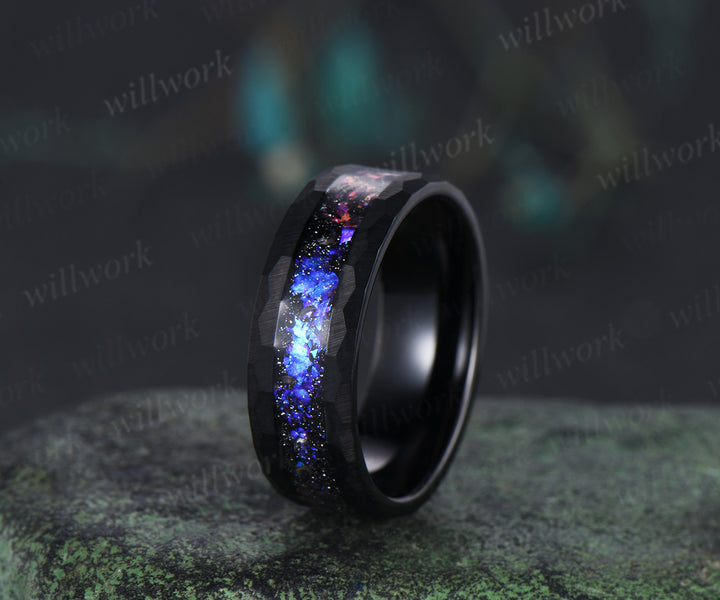 Nature Inspired Pear Alexandrite Black Spinel Ring Set& Tungsten Galaxy Nebula Men’s Band Couple Ring Set