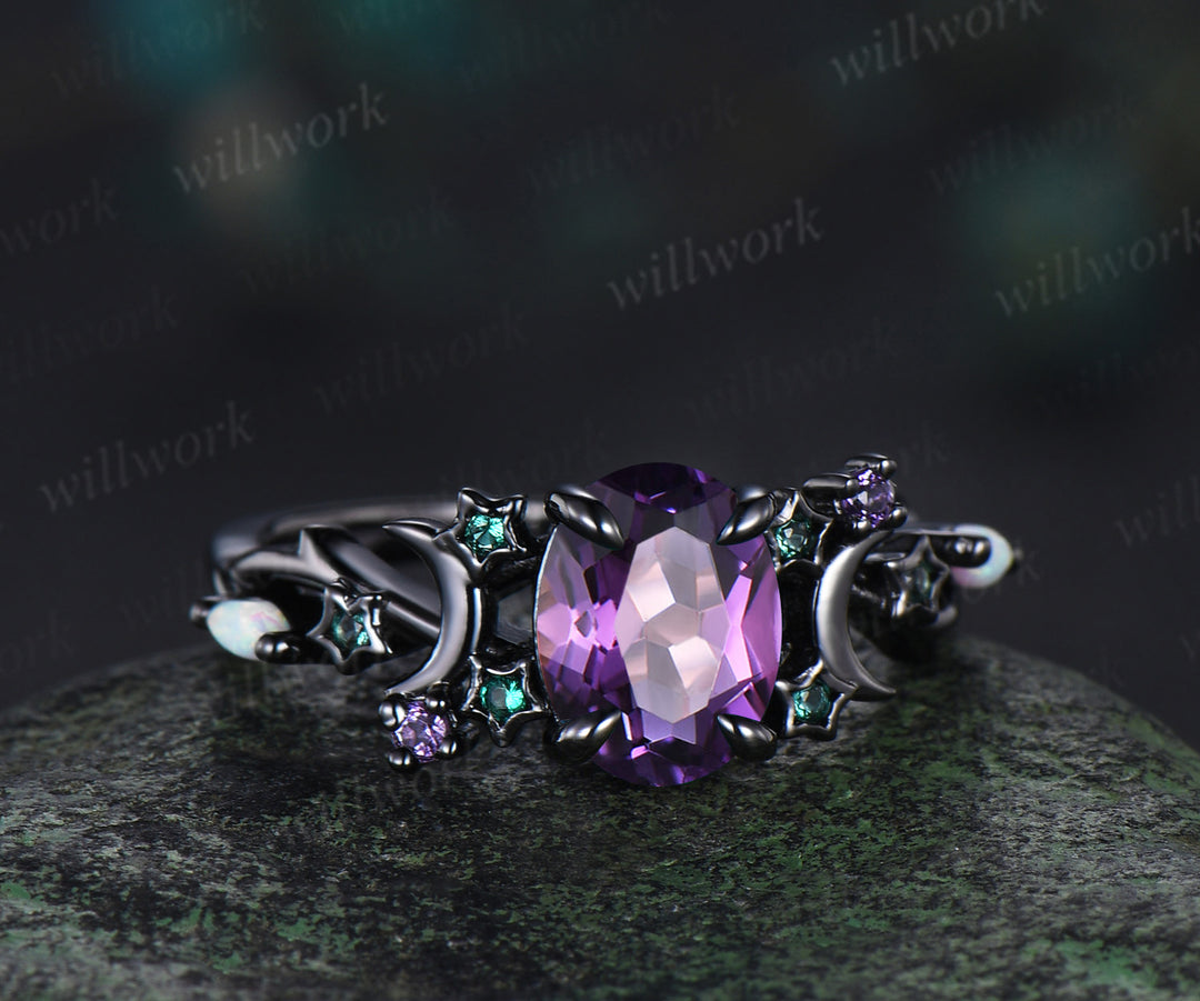 Unique celestial moon & star amethyst ring mystical oval cut amethyst emerald cluster black gold gothic ring marquise opal wedding ring