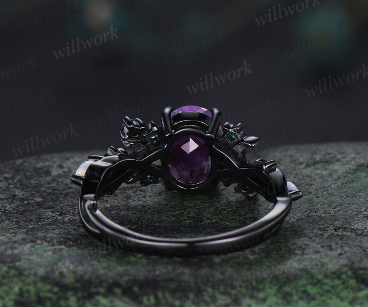 Unique celestial moon & star amethyst ring mystical oval cut amethyst emerald cluster black gold gothic ring marquise opal wedding ring